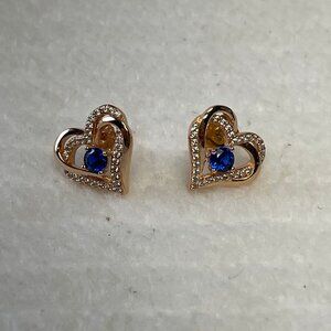 Gold Plated 925 Sterling Heart Earrings with Clear Stones & Blue Stone